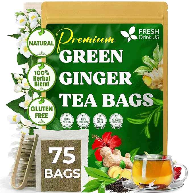 FreshDrinkUS, Premium Green Ginger Tea | 135 Tea Bags | Sencha Green Tea with Ginger, Lemongrass, Turmeric, Hibiscus & Peppermint | Natural Herbal Blend | Comfort & Refreshing, Vegan - Bloomnest