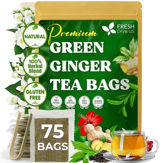 FreshDrinkUS, Premium Green Ginger Tea | 135 Tea Bags | Sencha Green Tea with Ginger, Lemongrass, Turmeric, Hibiscus & Peppermint | Natural Herbal Blend | Comfort & Refreshing, Vegan - Bloomnest