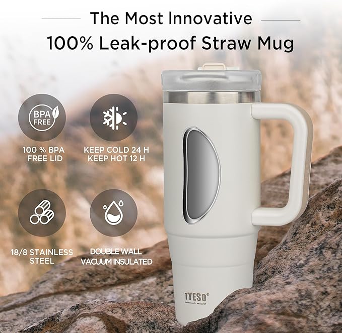 Tyeso 30 oz Tumbler with Handle, Straw and Lid - Leak Resistant Insulated Stainless Steel Water Bottle, Car Cup Holder Friendly Travel Coffee Mug White - Gifts for Men & Women - Bloomnest