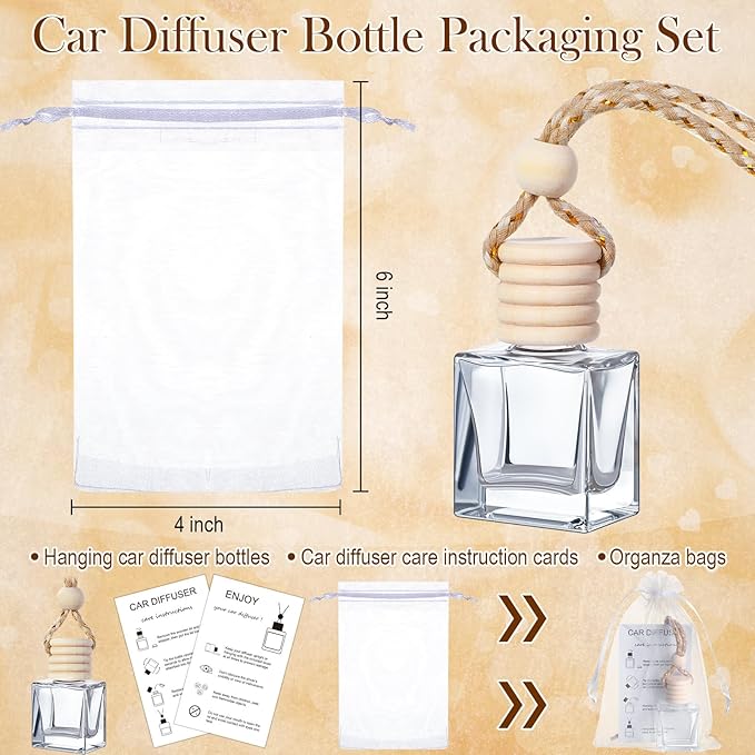Boao 25 Sets Hanging Car Air Freshener Diffuser Bottles Empty Bulk with Car Diffuser Instruction Cards Organza Bags Glass Refillable Essential Oil Fragrance Aromatherapy Pendant (Flat Square,Clear) - Bloomnest