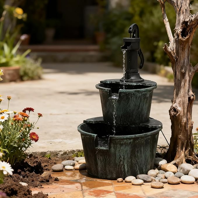 Athena Collection 27'' Height Electric Waterfall Fountain 2 Tier Stepped Barrel Vintage Fountain Polypropylene with Pump Freestanding Floor Tabletop Fountain for Outside, Patio, Garden, Green - Bloomnest