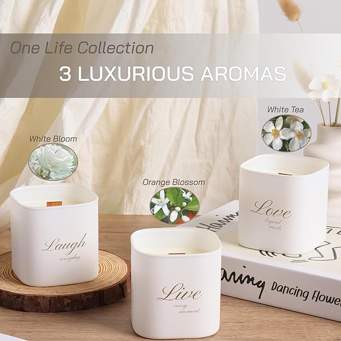 Set of 3 Premium Scented Soy Candles Gift Set | One Life Collection - Orange Blossom, White Tea & White Bloom | Crackling Wood Wick | Luxury Candle Set for Relaxation, Home Décor & Gifts | 9.8oz Each - Bloomnest