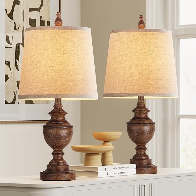 PARTPHONER Retro Table Lamps Set of 2, Bedside Lamp for Bedroom Rustic Farmhouse Table Lamps for Living Room, Vintage Nightstand Lamps with White Shades, Wood Grain - Bloomnest