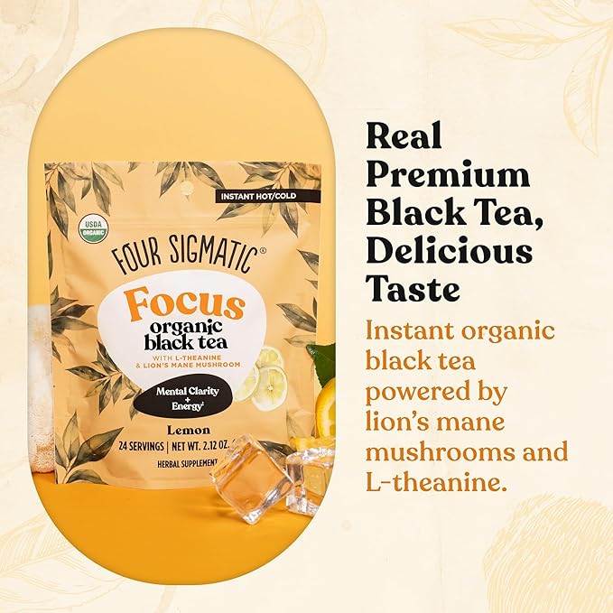Four Sigmatic Think Organic Black Tea | Instant Lemon Tea w/Lion's Mane & L-Theanine for Mental Clarity & Focus | Organic Herbal Teas w/Adaptogens | Vegan, Gluten-Free | Lemon, 24 Servings - Bloomnest