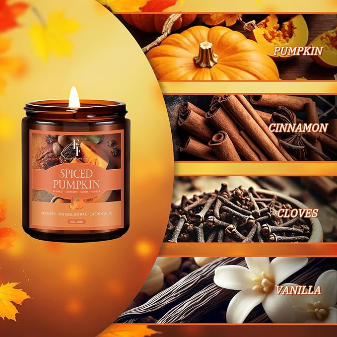 Fall Candle, Spiced Pumpkin Scented Candles for Home, Natural Soy Autumn Candle Aromatherapy Candle, 7 oz Jar Candles Fall Gifts for Women Men - Bloomnest