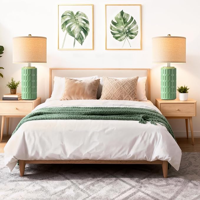 PARTPHONER 23" Farmhouse Modern Ceramic Table Lamp Set of 2 - Green Bedside Lamps for Bedroom & Living Room, Nightstand, Desk, End Table - Bloomnest