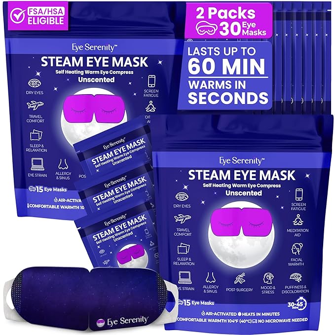 Steam Eye Mask by Eye Serenity Self-Heating Warm Compress, 30-Pack, Unscented, Dry Eye Relief, Perfect for Self-Care, Ideal for Office, Travel & Nightly Relaxation, Calm Sleep