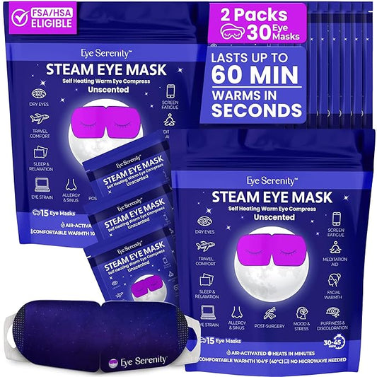 Steam Eye Mask by Eye Serenity Self-Heating Warm Compress, 30-Pack, Unscented, Dry Eye Relief, Perfect for Self-Care, Ideal for Office, Travel & Nightly Relaxation, Calm Sleep