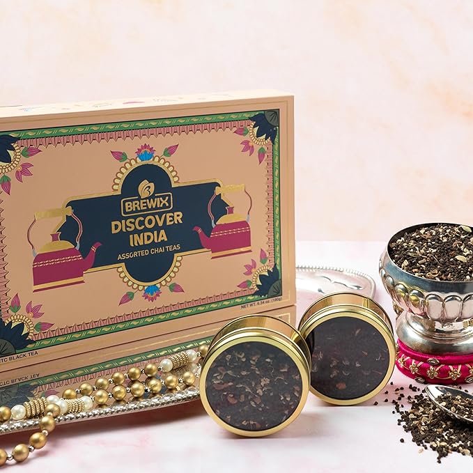 BREWIX, Discover India Premium Black Tea Christmas Gift Box (6.34oz/90+ Cups) | Tea Gift Sets For Tea Lover | 6 Unique Chai Teas | Best for Birthdays, Anniversaries & Holidays - Bloomnest