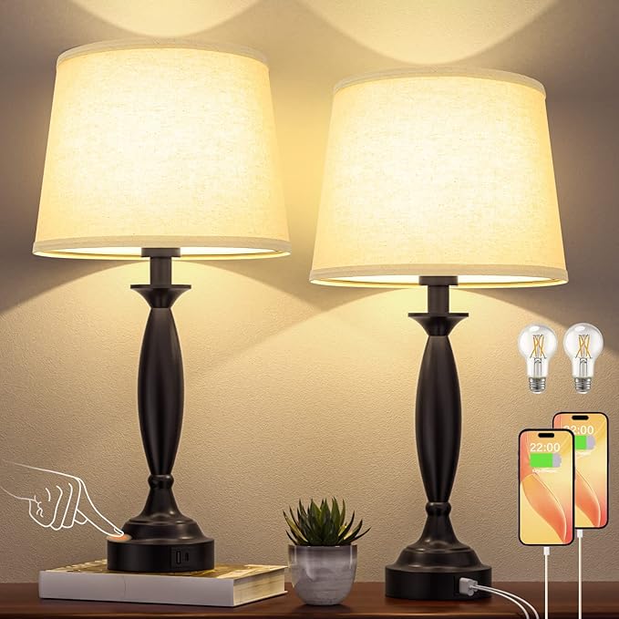 Seealle Beige Lamps for Bedrooms Set of 2 - Touch Control Bedside Lamp with USB C+A, 3 Way Dimmable Nightstand Lamps with USB Port, Table Lamp for Living Room(Beige Shade and Black Base) - Bloomnest