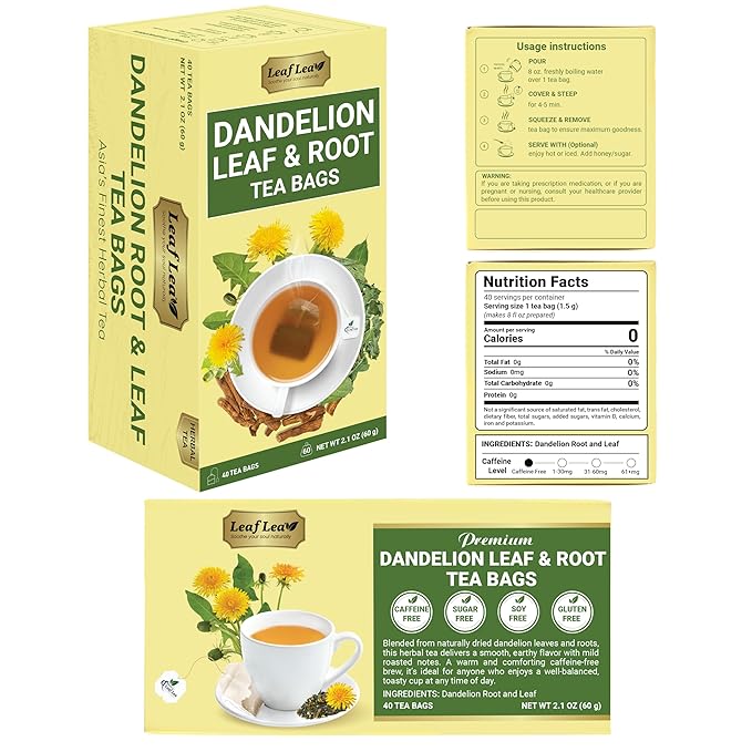 LeafLea 120 Dandelion Root and Leaf Tea Bags, Premium Dandelion Herbal Tea, Natural Dandelion Root Tea Blend with Leaves, Caffeine-Free, Te de Diente de Leon, Pack of 3 - Bloomnest