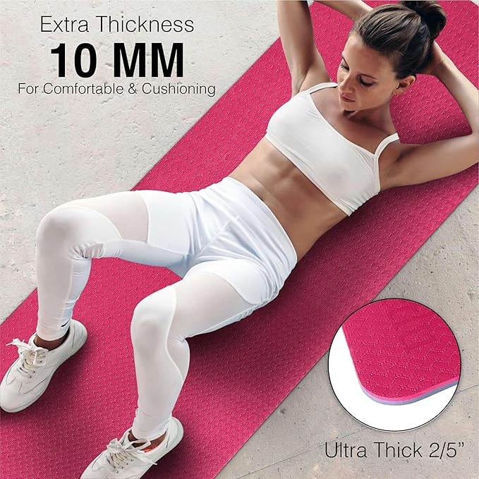Extra Thick Exercise Yoga Mat with Strap - 2/5 Inch (10MM), Non-Slip Workout Mat for Yoga, Pilates, and Floor Exercises - Bloomnest