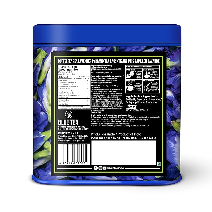 BLUE TEA - Butterfly Pea Flower Tea - Lavender - 30 Count - Pyramid Plant Based Tea Bag | Black Deals Friday 2025 | ANTIOXIDANT RICH | Flower Based - Herbal Tea - Caffeine Free - Detox Tea | Tin Packaging - Bloomnest