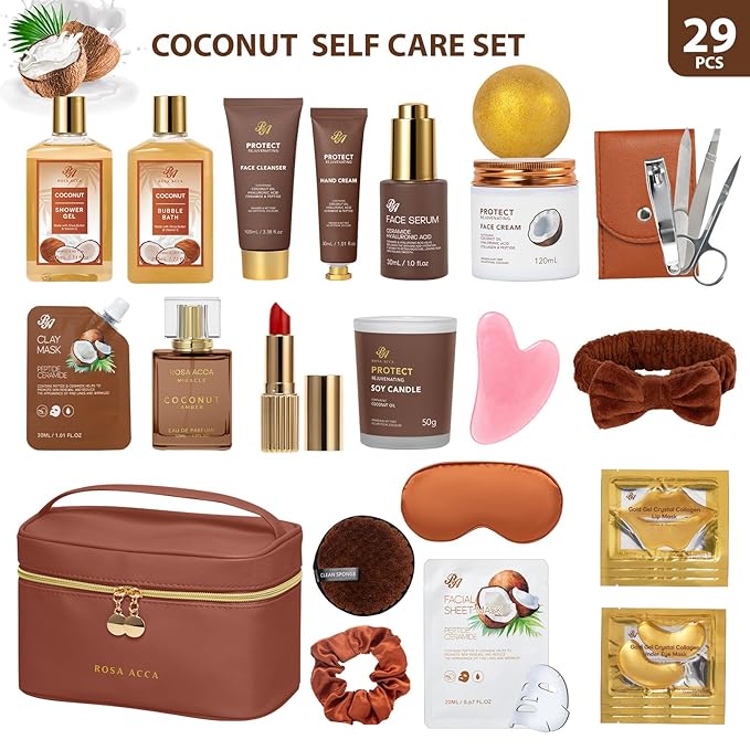 25 Pcs Valentines Day Gifts for Women, Bath & Body Gift Set, Skin Care Kit, Coconut Vanilla Spa Gift Basket, Self Care Set, Cosmetic Bag, Christmas, Birthday, Mother, Anniversary - Bloomnest