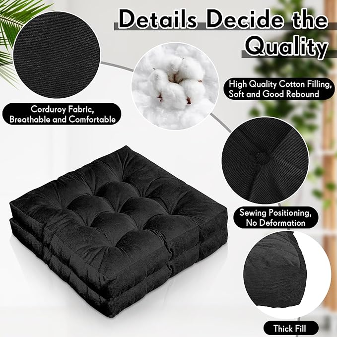 Jerify Floor Pillow Cushions 22 x 22 Inch Round Square Large Meditation Floor Pillow for Classroom Adult Meditation Picnic Party Cushion for Seating Gift Christmas(Square,Black,4 Pcs) - Bloomnest