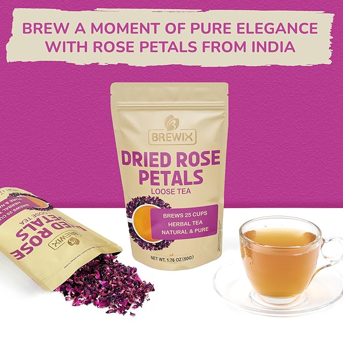 BREWIX, Pure Dried Rose Petals Loose Tea (25+ Cups,1.76oz/50g) Edible Flowers for Cocktails,Garnishing & Drinks, Tea,Baking,Desserts,Bread,Cake,Bath,DIY Skincare Edible Rose Petals in Resealable Bag - Bloomnest