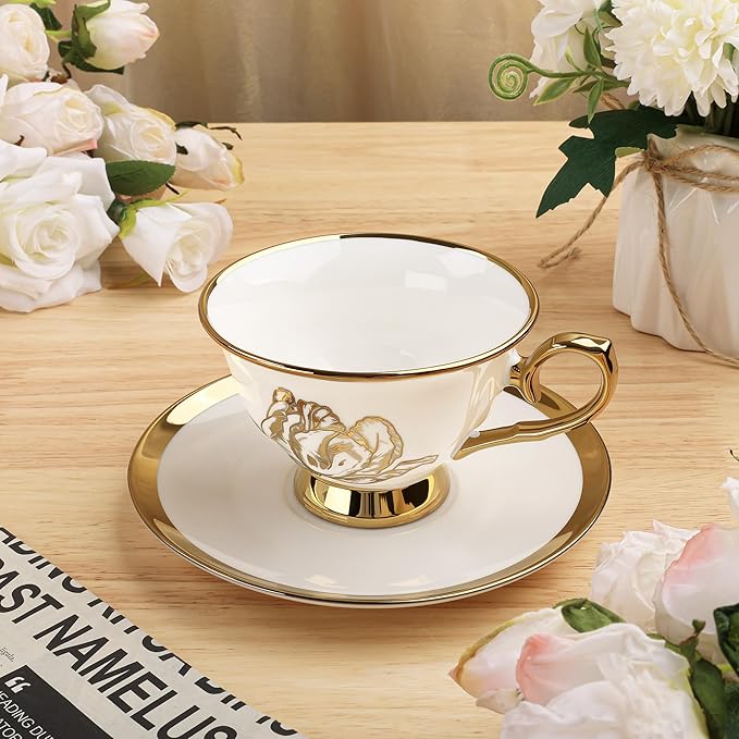 fanquare 21 Pieces British Porcelain Tea Set, Gold Tulip Tea Service for Afternoon Tea Party, 6 Teacup and Saucers for Coffee Home Wedding Birthday - Bloomnest