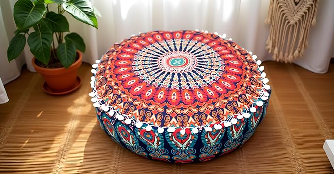 INDIAN CRAFT CASTLE ICC Mandala Barmeri Large Floor Pillow Cover Cushion Meditation Seating Ottoman Throw Cover Hippie Decorative Zipped Bohemian Pouf Ottoman Cases Multi Orange 16" Round - Bloomnest