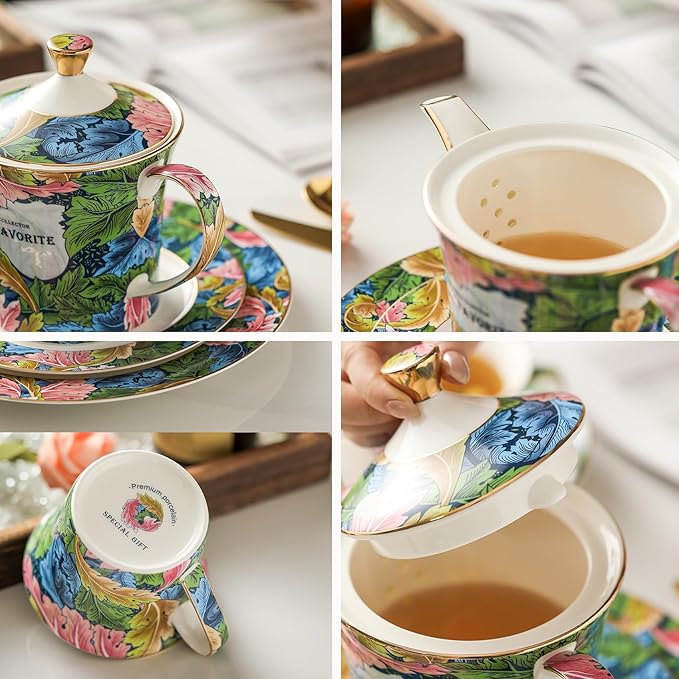 ACMLIFE Tea Cup and Saucer Set for 1, Vintage Floral Bone China Tea Cup Set with Saucer 24K Gold, Porcelain Tea Cup with Spoon and Gift Box, 6.8 oz (Green) - Bloomnest