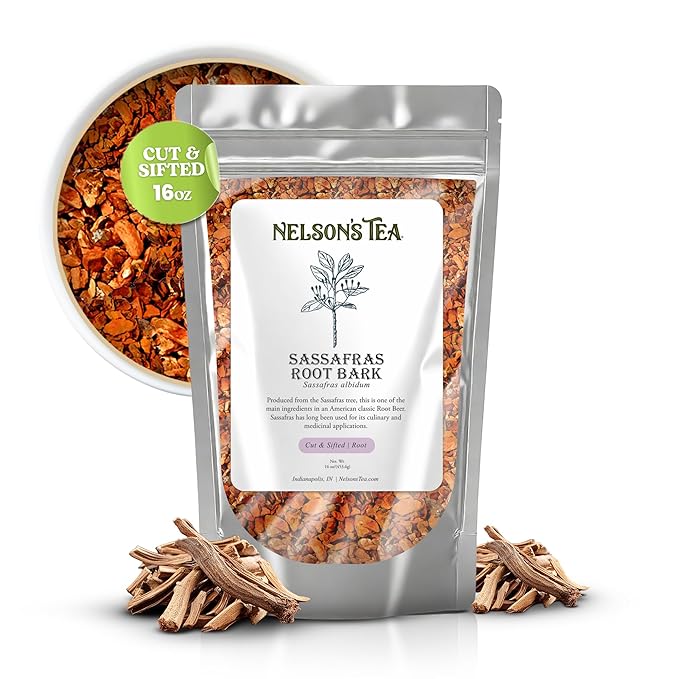 Nelson’s Tea - Sassafras Root Bark Cut & Sifted - Caffeine Free - Classic Root Beer Herbal Blend Tea, Premium Sassafras Albidum Aroma for Brewing, Mixing & Wellness, Freshly Packed Resealable Bag 16oz - Bloomnest