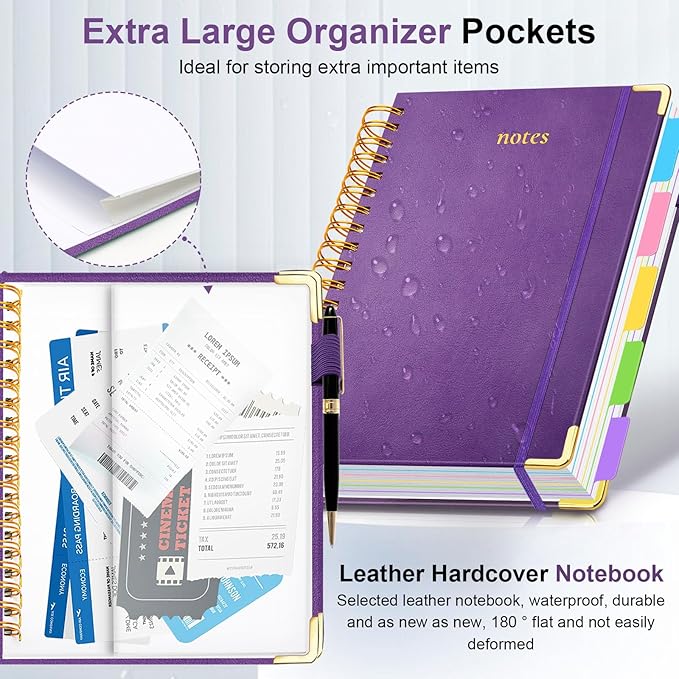 Hardcover Spiral Notebook 6.2"x 8.2" Journal Notebook with Tabs and Removable Dividers 300 Pages 5 Subject Notebook College Ruled, Faux Leather Spiral Bound Notebook for Women School Work (Purple) - Bloomnest