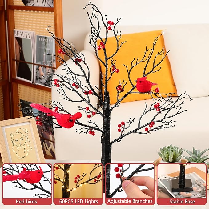 Vintage Glowing Tree with Cardinals, 21in Vintage Glowing Tree, Battery Operated Twinkle Trees Lamp with Lighted Branches, for Christmas Halloween Home Party Décor Lamp Tree - Bloomnest