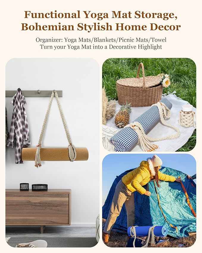 Yoga Mat Straps for Carrying, Handmade Braided Boho Bead Tassel Macrame Strap, Adjustable Thick Yoga Mat Carrier/Holder/Organizing, Stretching Band, Gifts for Women (Mat Not Included)