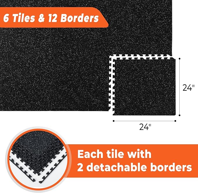 SUPERJARE 0.4'' Thick 6 Pcs 24 Sq Ft Rubber Top Exercise Equipment Mats, High Density EVA Foam Mats with Rubber Top, Interlocking Gym Flooring for Home Gym, Protective Workout Mat, Black/Grey - Bloomnest