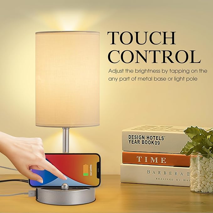 Briever Touch Control Table Lamp for Bedroom, 3-Way Dimmable Nightstand Lamp with USB Charging Ports, Bedside Desk Lamp with Silver Base Phone Stand & Linen Fabric Shade, Bulb Included - Bloomnest