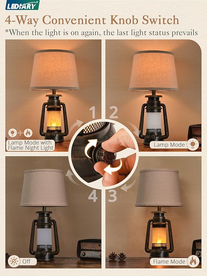 LEDIARY 18.72" LED Vintage Lantern Flickering Flame Table Lamps for Bedrooms Set of 2, Farmhouse Rustic Vintage End Table Lamps, Rustic Retro Bedside Nightstand Desk Lamp for Living Room - Bloomnest