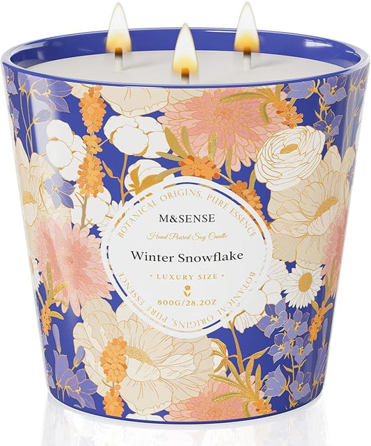 M&SENSE Winter Snow Flake Scented Candle, 28.2oz 3 Wick Natural Soy Wax Large Candles, Long Lasting Clean Slow Burning No Toxic Décor for Home Relaxation, Romantic Dates & Gift-Giving - Bloomnest