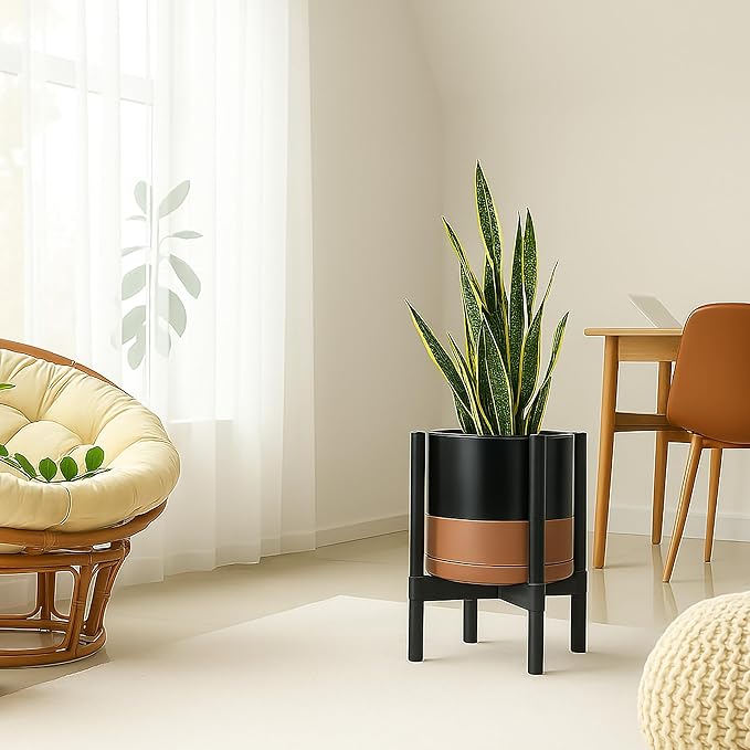 D'vine Dev Ceramic Planter with Ebony Stand - 12 Inch Modern Round Flower Pot with Wood Planter Holder, Black/Speckled Tan, 55-B-H-7 - Bloomnest