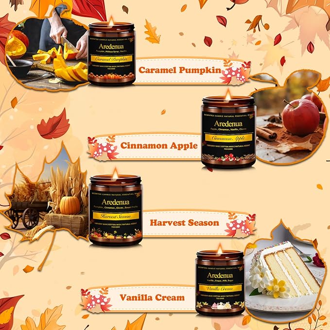 Fall Candles Set | 4 Pack Autumn Scented Candles - Fall Candle Gifts for Women Men, Soy Candles for Home Scented - Autumn Scent of - Pumpkin/Cinnamon Apple/Harvest/Vanilla Cream - Bloomnest