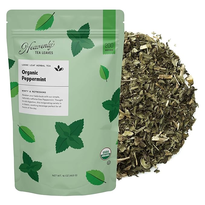 Heavenly Tea Leaves Organic Peppermint, Bulk Loose Leaf Herbal Tisane, 1 Lb. (Approx. 200 Cups) - Minty, Great For Hot Or Iced Tea, Immune & Heart Support, Gut & Digestion - Bloomnest