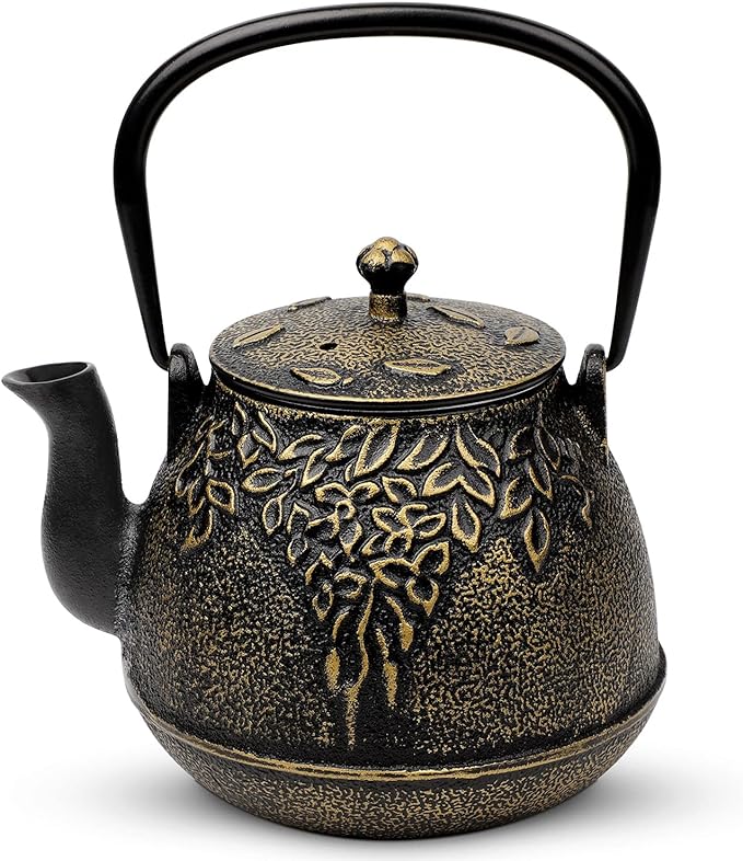 Tea Kettle, TOPTIER Japanese Cast Iron Tea Pot for Stove Top, Cast Iron Teapot Humidifier for Wood Stove, Leaf Design Tea Kettle Coated with Enameled Interior for 32 Ounce (950 ml), Black - Bloomnest