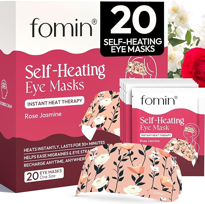 Fomin Self Heating Eye Mask - 20 Packs - Rose & Jasmine Heated Eye Mask Warm Compress for Eyes, Disposable Self Heating Steam Mask for Home, Sleep, Spa, Travel Essentials & Relaxation Gifts for Women