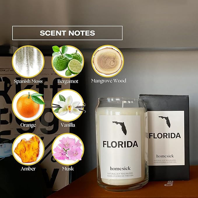 Homesick Scented Candles for Home (Florida) - 13.75 oz Long-Lasting Soy Wax Jar Candle for Women & Men for All Occasions, 60-80 Hours Burn Time - Notes of Moss & Bergamot - Bloomnest