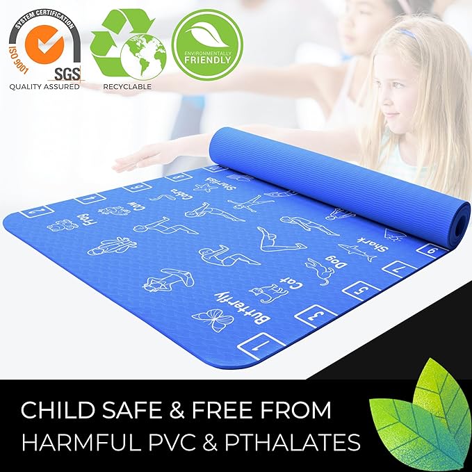 Plyopic Kids Yoga Mat - Non-Slip Lightweight TPE Exercise Mat - Ideal for Boys & Girls (Ages 3-12), Toddlers & Children in Kindergarten, Preschool, School. PVC Free. 6mm Thick. Carry Strap - Bloomnest