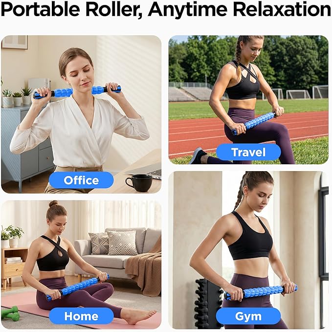 Muscle Roller & Massage Roller Stick for Athletes - Lymphatic Drainage Support, Relieves Muscle Soreness, Cramping & Tightness - Targets Legs, Arms, Back & Calves （Blue - 18inch） - Bloomnest
