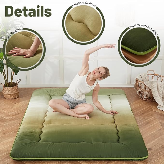 Japanese Floor Mattress, Futon Mattress with Portable Storage Bag and Washable Cover, Roll Up Thick Tatami Mat Suitable for Camping, Guest Room (Forest Gradient, Queen) - Bloomnest