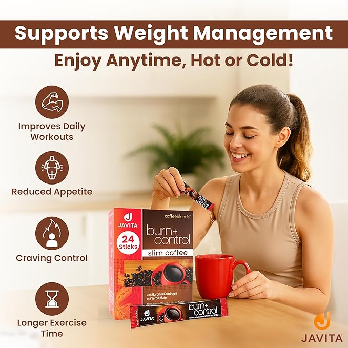 Javita Burn + Control Instant Coffee w Weight Management Herbs: Garcinia Cambogia & Yerba Mate - Slim Coffee with Help of Exercise, Keto Coffee for Diet Support, 1 box - 24 (4.55g) Sticks - Bloomnest