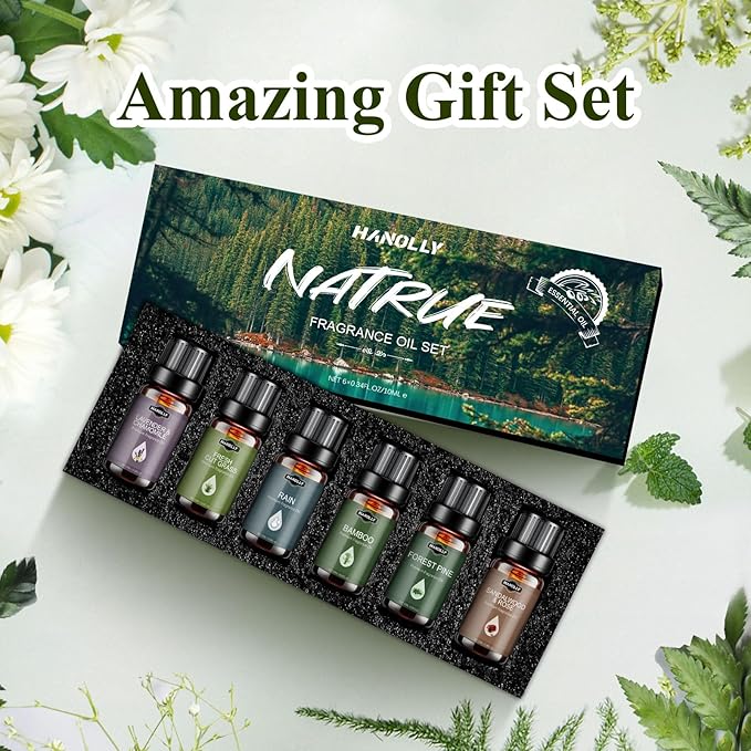 Essential Oils Set, Nature Scents Fragrance Oil Aromatherapy Essential Oils Kit for Diffuser (6x10ML) Sandalwood &Rose, Bamboo, Rain, Lavender &Chamomile, Fresh Cut Grass, Forest Pine Oil - Bloomnest