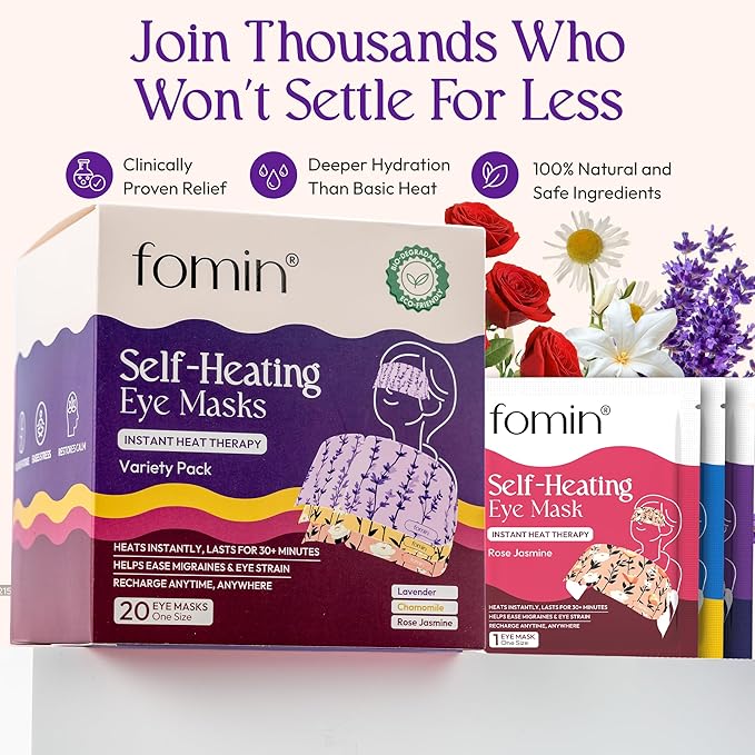 Fomin Self Heating Eye Mask- 20 Pack - Variety Pack Heated Eye Mask Warm Compress for Eyes, Disposable Self Heating Steam Mask for Home, Sleep, Spa, Travel Essentials & Relaxation Gifts for Women