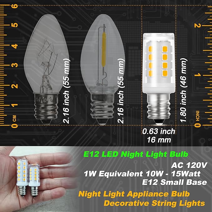 E12 LED Candelabra Base Night Light Bulb 1 Watt Equivalent 10W 15W, AC120V 150lm 2700K Warm White C7 E12 Small Bulbs for Salt Lamp Appliance Bulb Decorative String Lights, Non-dimmable, 4 Pack - Bloomnest