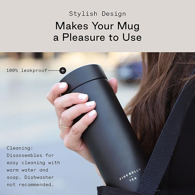 Firebelly Tea, Travel Tea Infuser Mug with Strainer, Insulated Tumbler for Loose Leaf Tea or Coffee, Leakproof Bottle for Hot or Iced Drinks, Stainless Steel Thermos with Lid, Noir - Bloomnest