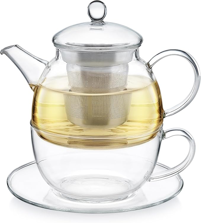 Teabloom Mindful Tea-for-One Set – 5-Piece Glass Teapot, Matching Cup & Saucer, Borosilicate & Stainless Steel Infusers, Elegant Gift for Personal Tea Rituals - Bloomnest