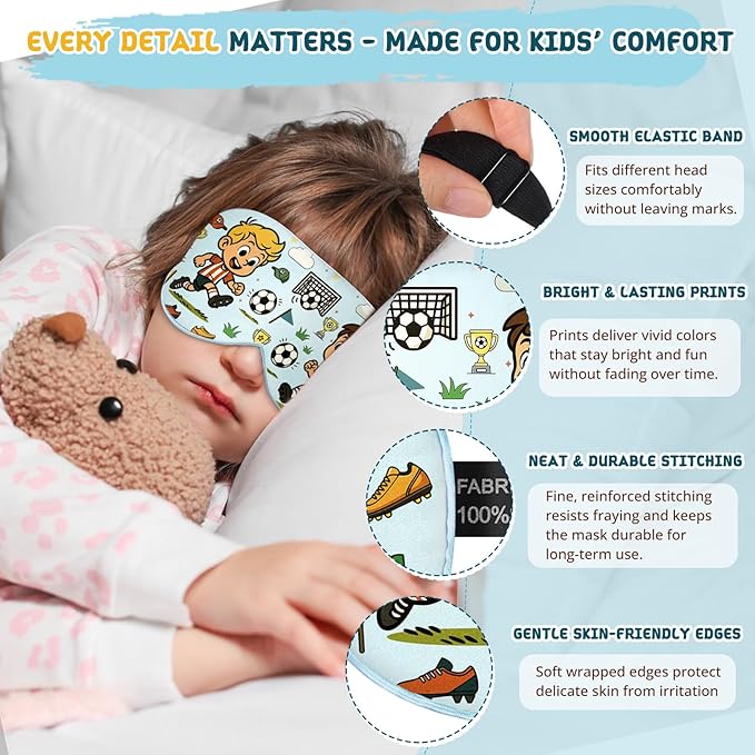 Kids Sleep Mask – 100% Mulberry Silk Eye Mask with Adjustable Strap, Soft Light Blocking Sleeping Mask for Children, Cute Printed Eye Cover for Boys Girls Ages 5-15 (Soccer Style) - Bloomnest