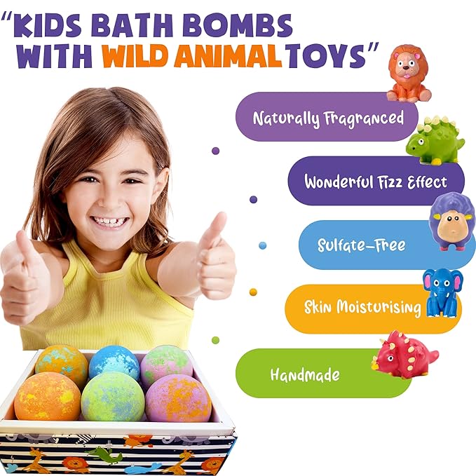 Bath Bombs for Kids with Toys Inside - Organic Bubble Bath Fizzies with Jungle Animal Toys. Gentle and Kids Friendly Spa Bath Balls, Bath Fizz Balls - Stocking Stuffers Christmas Gifts for Boy, Girls - Bloomnest