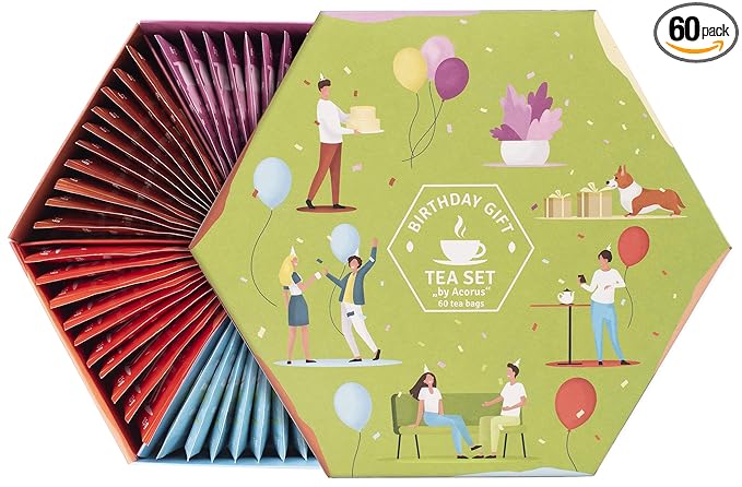 ACORUS | Birthday Gift Tea Set | Natural Tea Hamper Box Gift Set of 6 Flavors | Thoughtful Present for Birthday | Large Selection Box | Tea Gift Sets | 60 Herbal and Fruit Tea Bags Variety Pack - Bloomnest