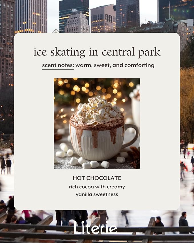 Literie NYC Inspired Scented Candle: Ice Skating in Central Park - Hot Chocolate Scent, 9oz, 50 Hour Burn, Vegan Soy & Coconut Blend Candle for Home Decor, Gift for Women & Men - Bloomnest